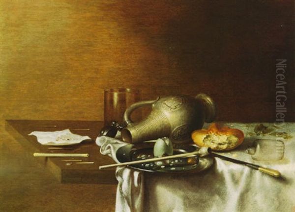 Still Life Of An Overturned Stoneware Jug, Roll, Plate With Pipe And Egg Shell, Broken Glass And Other Objects Oil Painting by Jan Fris