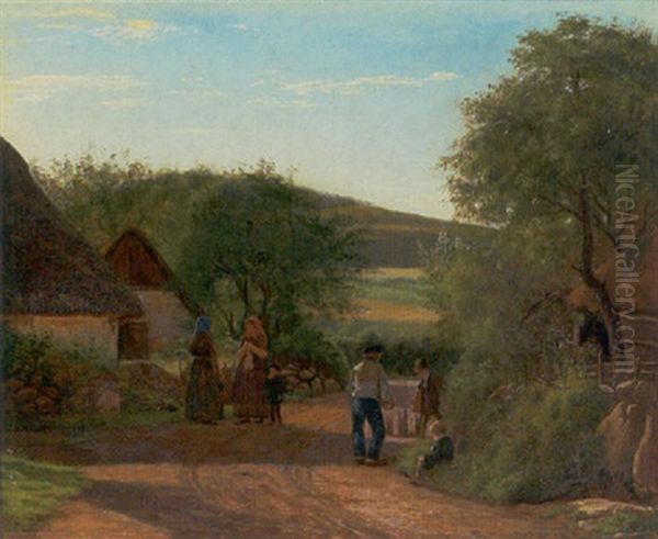 Landsbyscene Med Figurer Pa Vejen En Sommerdag Oil Painting by Johan Didrik (John) Frisch