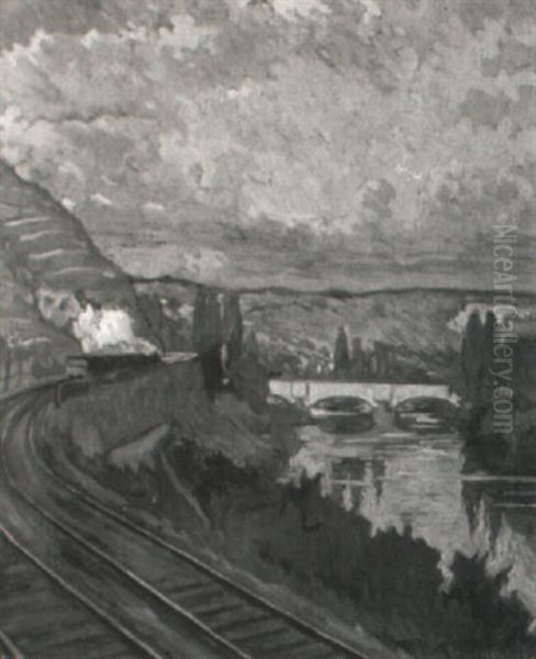 Neckarlandschaft Mit Eisenbahn Oil Painting by Hans Fritsch
