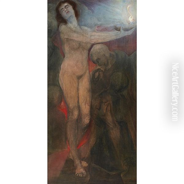 Standing Nude With Kneeling Man Oil Painting by Leopold Froehlich