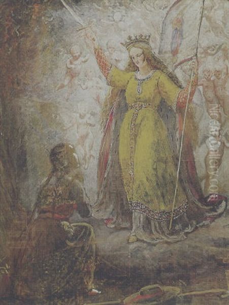 Allegorisk/religiost Sceneri: Jomfru Maria Omgivet Af Engle, Der Viser Sig I Et Syn For En Ung Pige (?) Oil Painting by Lorenz Frolich