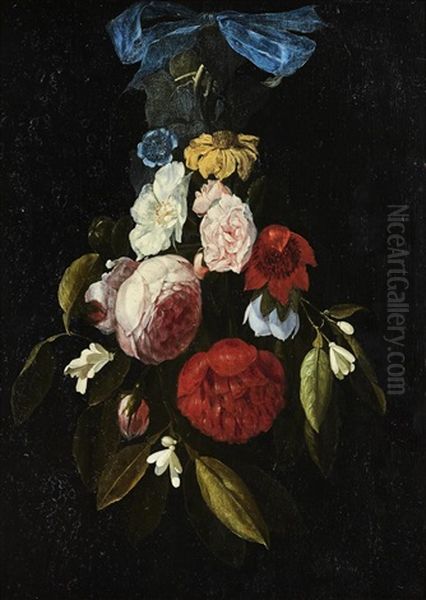 Still-life Of Flowers Hanging From A Blue Ribbon Oil Painting by Hendrik de Fromantiou