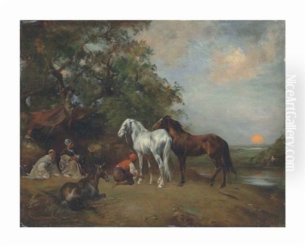 Coucher De Soleil: Arabe Attelant Un Cheval Brun Er Un Cheval Blanc Oil Painting by Eugene Fromentin