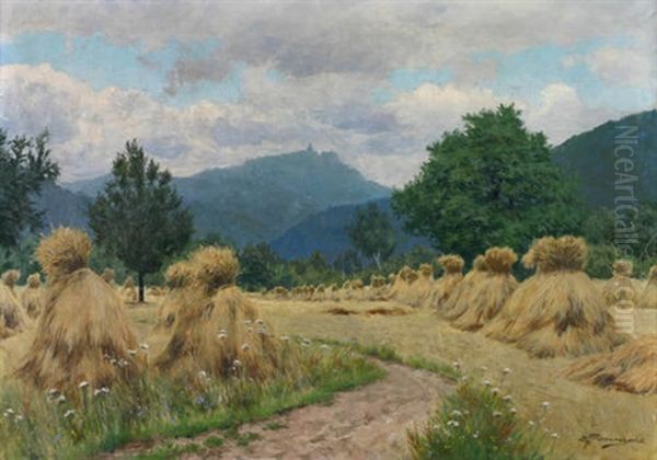Sommerlandschaft Mit Korngarben Vor Mittelgebirgszug Mit Blick Auf Eine Bergspitze Mit Burg Oil Painting by Ernst Frommhold