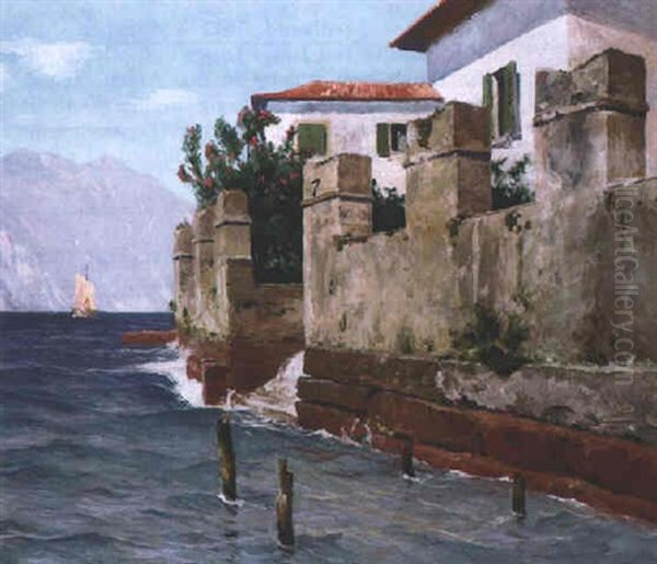 Motiv Am Gardasee Mit Boot Und Bergpanorama Oil Painting by Ernst Frommhold