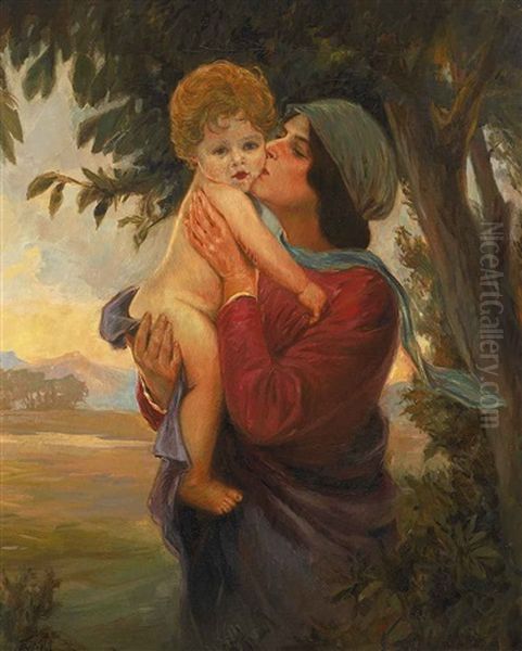 Mutter Mit Kind In Abendlicher Landschaft Oil Painting by Carl Froeschl