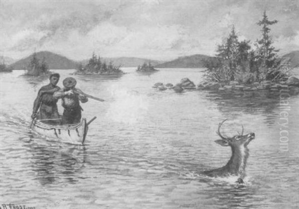 Men Hunting Swimming Deer From Canoe Oil Painting by Arthur Burdett (Sr.) Frost