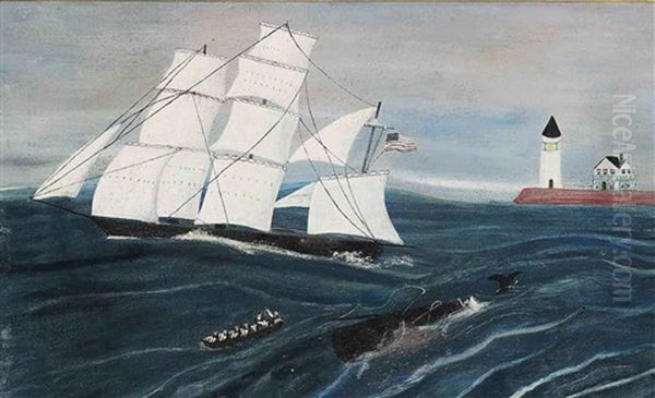 Longboats Harpooning A Whale Oil Painting by John O.J. Frost