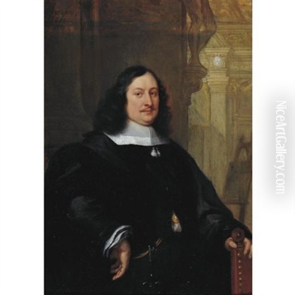 Portrait Of David Teniers Wearing A Black Cloak And White Collar, Resting His Left Hand On A Chair Oil Painting by Philip Fruytiers