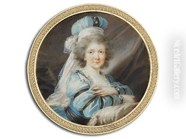 Countess Coudenhove, Nee Countess Hatzfeld, With Crossed Arms Leaning On A White Silk Cushion, In Lace-bordered Turquoise Silk Dress With Black Ribbon, Black Sash, Turquoise Silk Headgear Oil Painting by Friedrich Heinrich Fueger