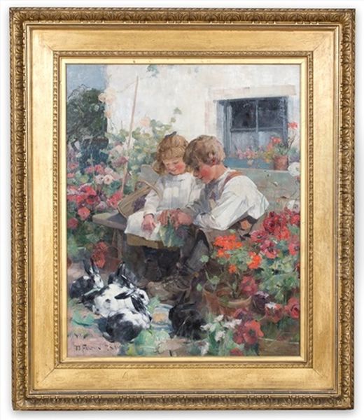 Siblings Feeding Rabbits Oil Painting by David Fulton