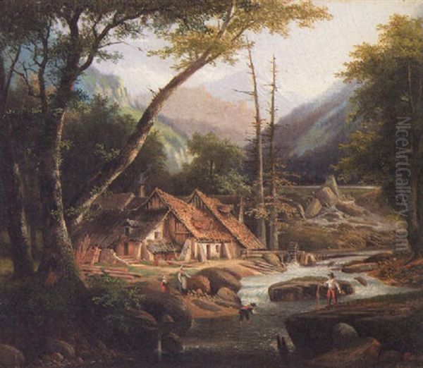Alpine Landscape Oil Painting by Heinrich Funk