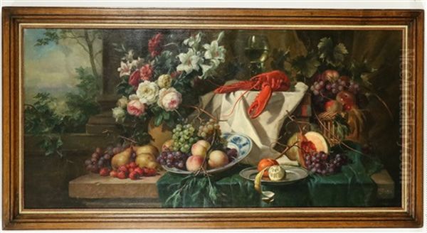 Pronkstilleven Met Kreeft, Wijnglas, Bloemen En Vruchten Oil Painting by Anton Funke