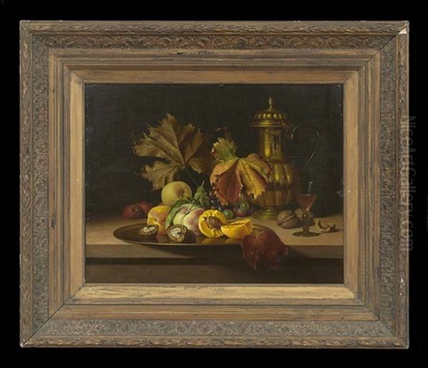 Autumnal Still Life With Pomegranates, Leaves And Peaches Oil Painting by Anton Funke