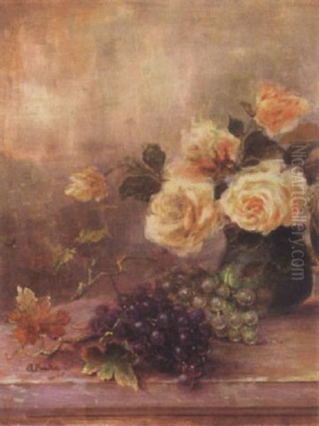 Opstilling Med Lyserode Roser Samt Bla Og Gronne Druer Oil Painting by Anton Funke