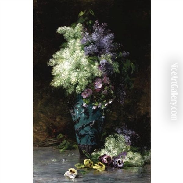 Nature Morte Aux Lilas Et Pensees Oil Painting by Albert Tibule Furcy De Lavault