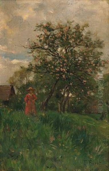 Dame En Promenade Au Verger Fleuri Oil Painting by Francois Furet