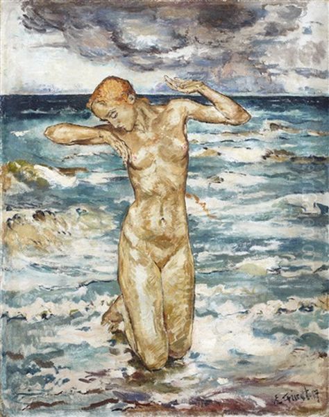 Female Nude Amid Waves Oil Painting by Edmund Fuerst
