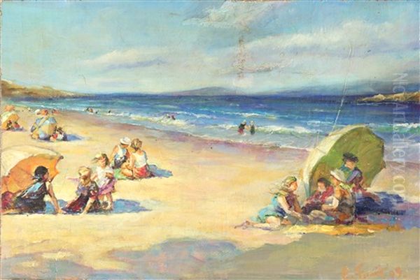 Beach Scene With Umbrellas And Children Oil Painting by Pierre Leonce Furst