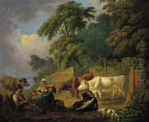Landschaft Mit Einer Hirtenfamilie Und Kuhen Oil Painting by Fussell, Joseph
