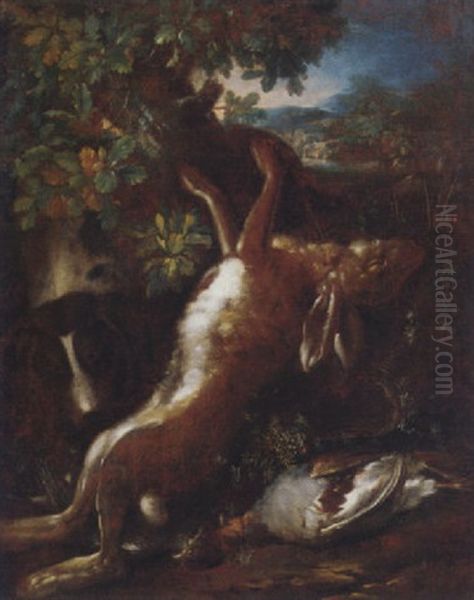 A Dead Hare And Gamebird With A Dog In A Wooded Clearing Oil Painting by Jan Fyt