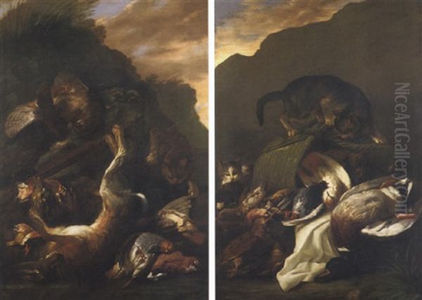 Natura Morta Di Volatili, Cacciagione E Gatti In Un Paesaggio Oil Painting by Jan Fyt