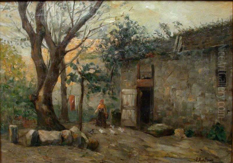 Casale Con Contadina E Galline Oil Painting by Mario Avallone