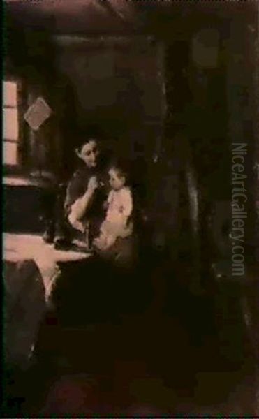 A Peasantmother Feeding A Child In A Cottage Interior Oil Painting by Alois Gabl