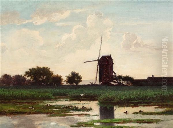 Dutch Polder Landscape With Windmill And Ducks On The Waterside Oil Painting by Paul Joseph Constantine Gabriel