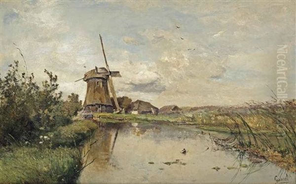 A River Landscape With A Windmill Oil Painting by Paul Joseph Constantine Gabriel