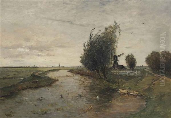 Windmills In A Polder Landscape Oil Painting by Paul Joseph Constantine Gabriel
