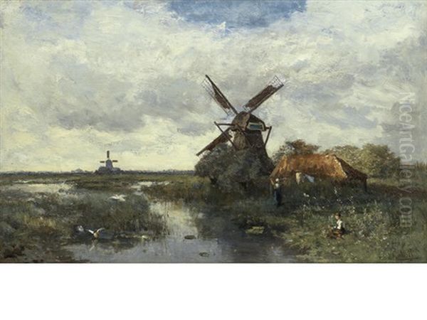 Landscape With Windmills Oil Painting by Paul Joseph Constantine Gabriel