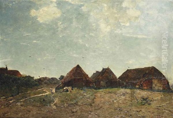 Schaapskooyen; A Sunlit Landscape With Several Sheepfolds Oil Painting by Paul Joseph Constantine Gabriel