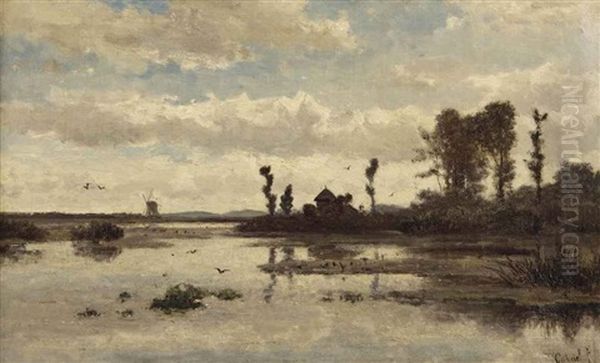 A Farm And A Windmill In An Extensive Polder Landscape Oil Painting by Paul Joseph Constantine Gabriel