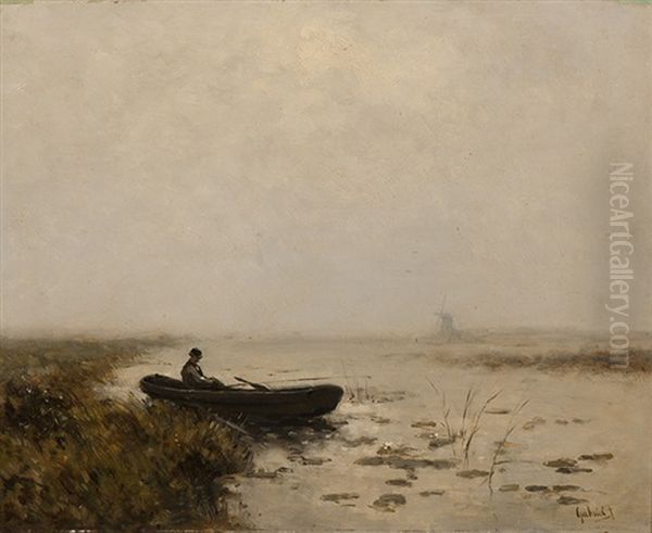 Fisherman In His Boat In A Polder Landscape Oil Painting by Paul Joseph Constantine Gabriel