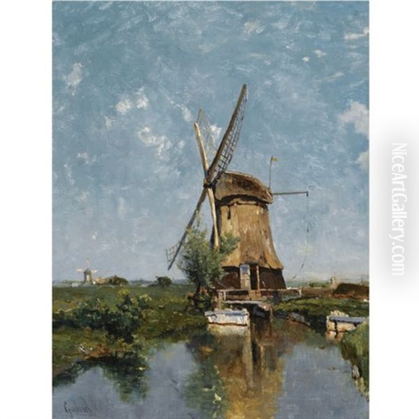 A Mill In A Polder Landscape Oil Painting by Paul Joseph Constantine Gabriel