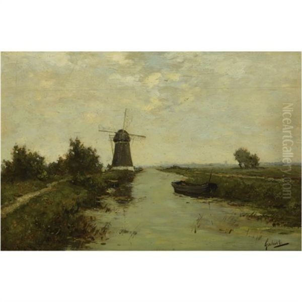 A Windmill In A Polder Landscape Oil Painting by Paul Joseph Constantine Gabriel