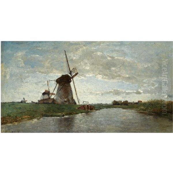 Windmills In A Polder Landscape Oil Painting by Paul Joseph Constantine Gabriel