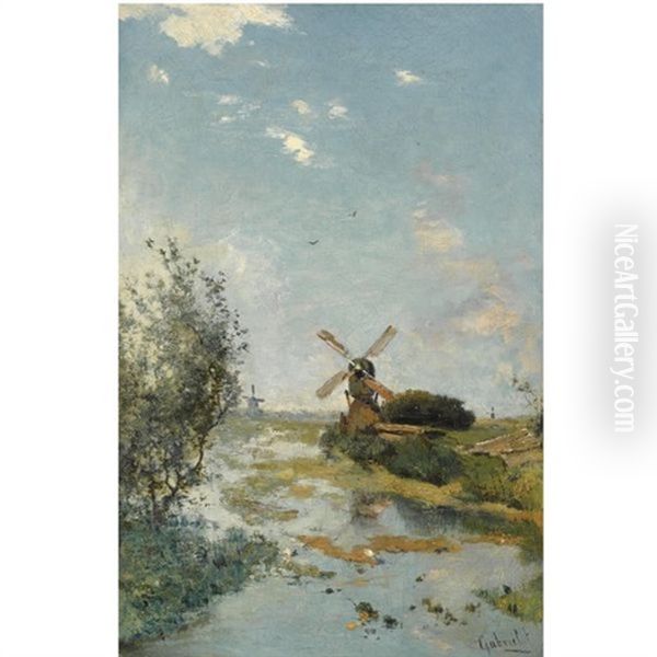 A Windmill In A Polder Landscape Near Kortenhoef Oil Painting by Paul Joseph Constantine Gabriel