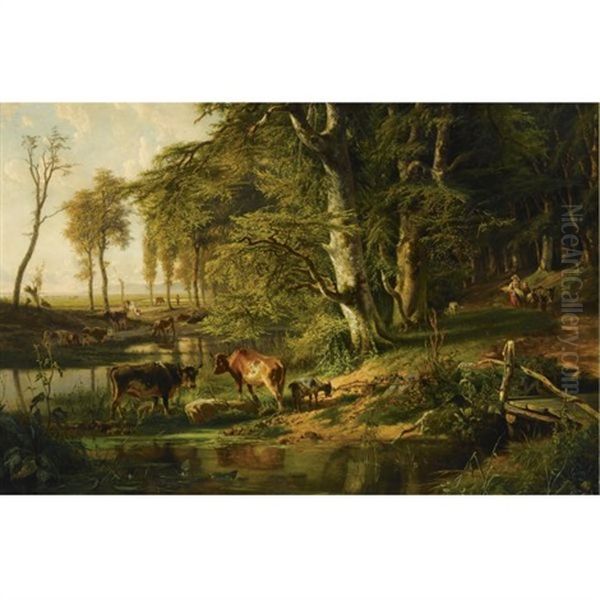 Cattle By A Wooded Stream, Oosterbeek Oil Painting by Paul Joseph Constantine Gabriel