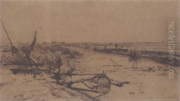 A Canal Landscape Oil Painting by Paul Joseph Constantine Gabriel