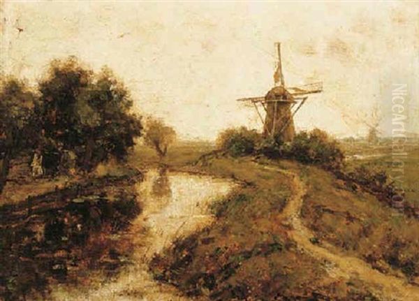 Windmills By A River Oil Painting by Paul Joseph Constantine Gabriel