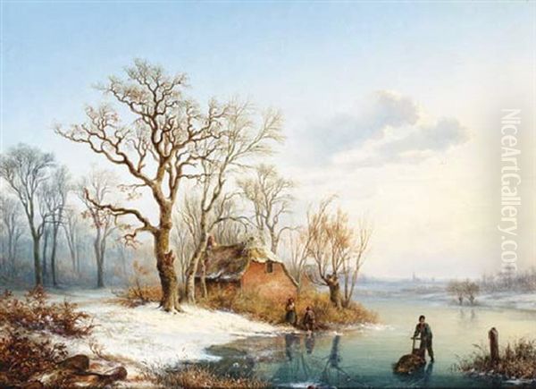 A Winter Landscape With Figures On A Frozen River Oil Painting by Paul Joseph Constantine Gabriel