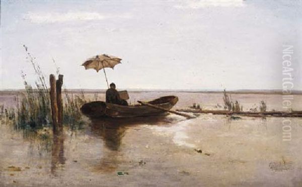 A Painter (w.b. Tholen?) At Work In A Punter On A Sunny Day Oil Painting by Paul Joseph Constantine Gabriel