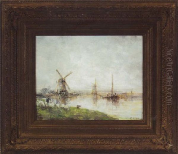 Paysage Au Bord De L'eau Avec Moulins, Bateaux, Troupeau De Moutons Oil Painting by Paul Joseph Constantine Gabriel