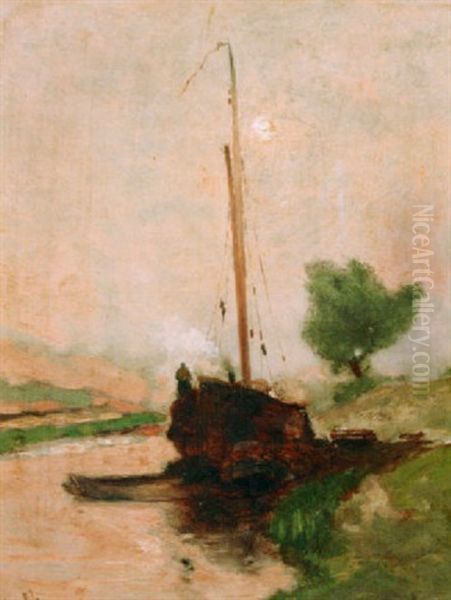 A Moored Boat Oil Painting by Paul Joseph Constantine Gabriel