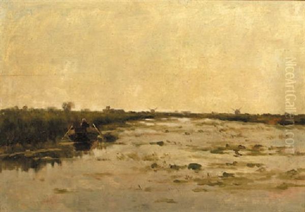 A Peasant In A Punter In A Polder Landscape Oil Painting by Paul Joseph Constantine Gabriel