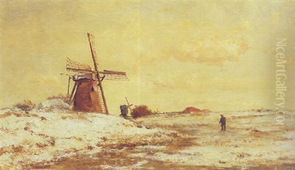 A Mill In A Winter Landscape Oil Painting by Paul Joseph Constantine Gabriel