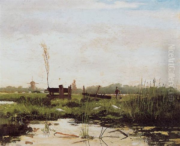 Polderlandschap Met Schilder Achter Zijn Ezel Oil Painting by Paul Joseph Constantine Gabriel