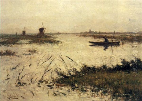 An Angler In A Polder Landscape Oil Painting by Paul Joseph Constantine Gabriel